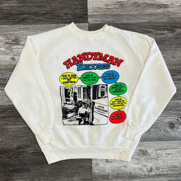 Vintage 80s 90s Handyman Excuses White Men L Pullover Funny Joke Sweatshirt - Picture 2 of 9